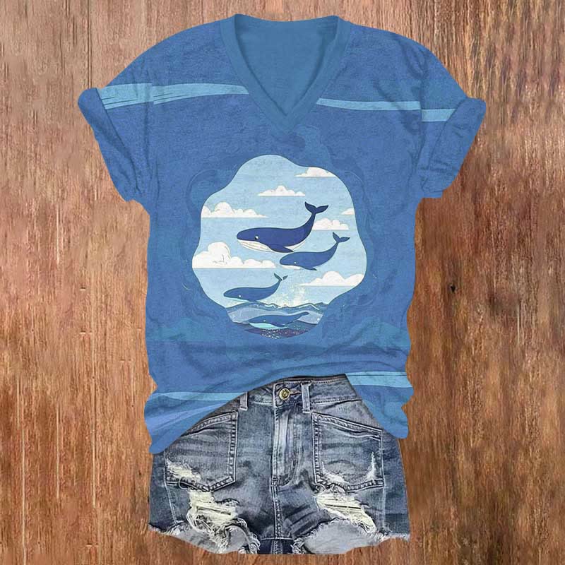 Creative Whales Flying In The Sky Art Print V-neck T-shirt - Blue - US32-34(5XL) - image 1