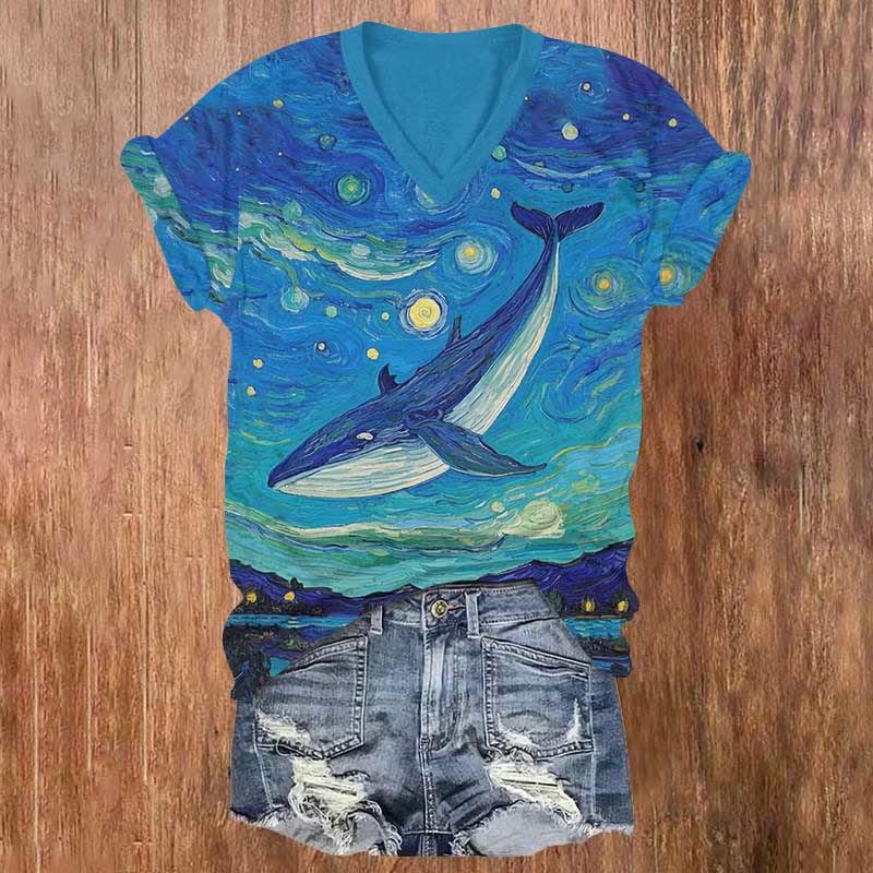 Oil Painting Underwater Whale Art Print V-neck T-shirt - Blue - US32-34(5XL) - image 1