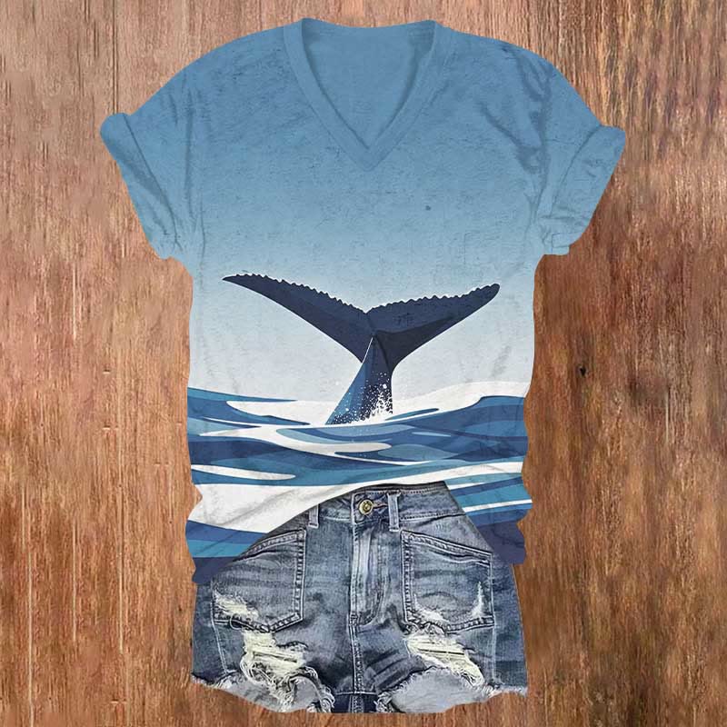 Funny Whale Tail From Sea Print V-neck T-shirt - Blue - US32-34(5XL) - image 1