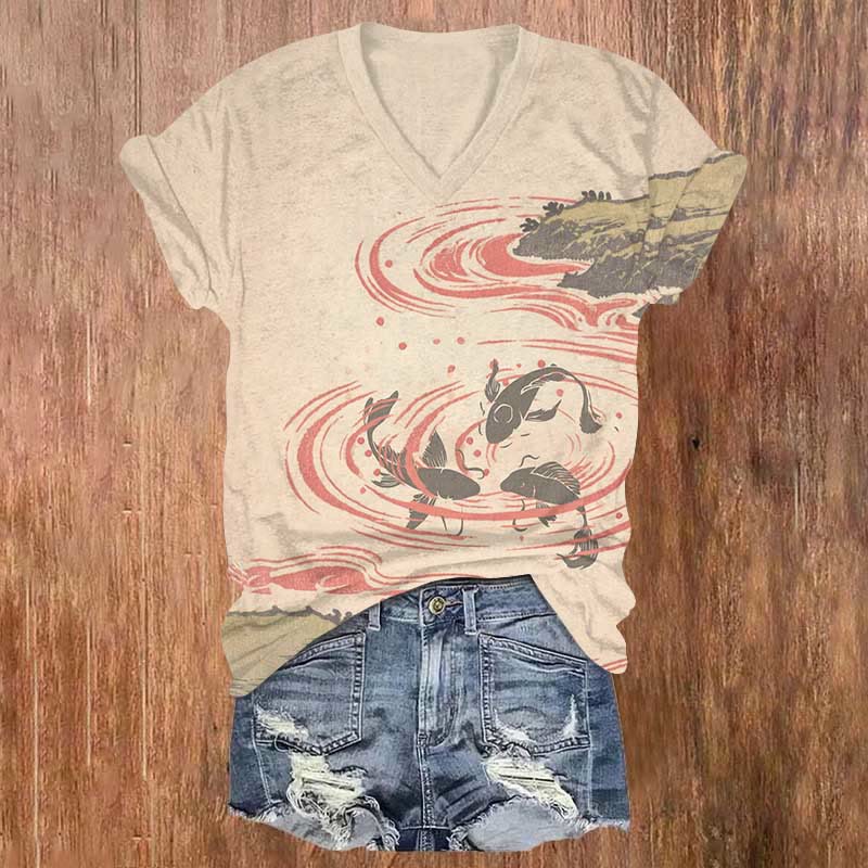 Japanese Style Koi Gathering In The Pond Art Print V-neck T-shirt - Pink - US32-34(5XL) - image 1