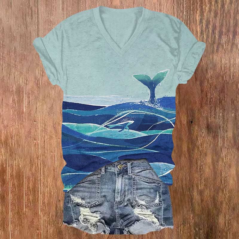 Mysterious Sea Wave & Whale Shark Art Print V-neck T-shirt - Blue - US32-34(5XL) - image 1