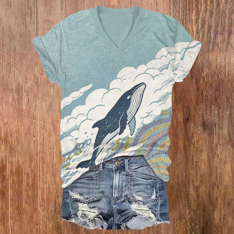 Japanese Lovely Cartoon Whale Art Print V-neck T-shirt - Blue - US32-34(5XL) - image 1