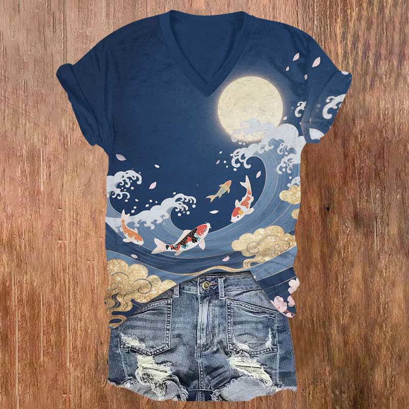 Moonlight & Sea Wave &  Koi Art Print V-neck T-shirt - Blue - US32-34(5XL) - image 1