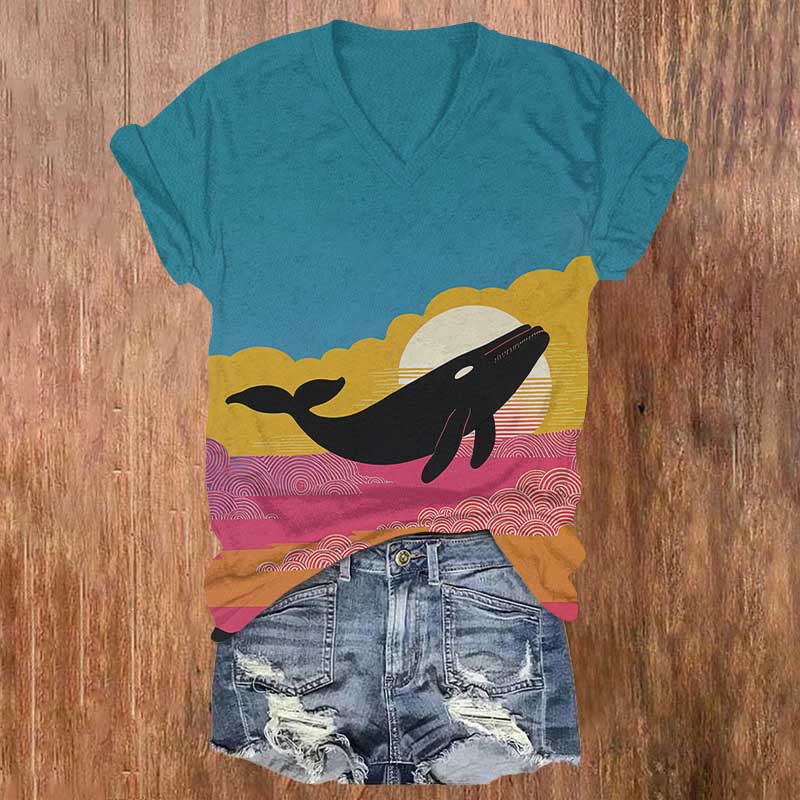Japanese Colorful Sea Dark Whale Art Print V-neck T-shirt - Multicolor - US32-34(5XL) - image 1