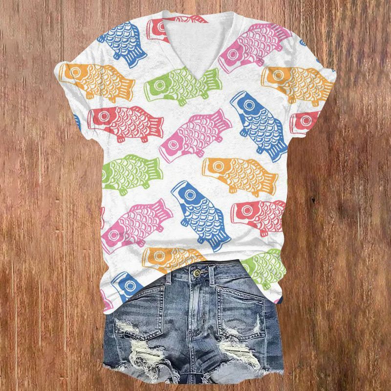 Japanese Style Rainbow Sailfish Print V-neck T-shirt - Multicolor - US32-34(5XL) - image 1