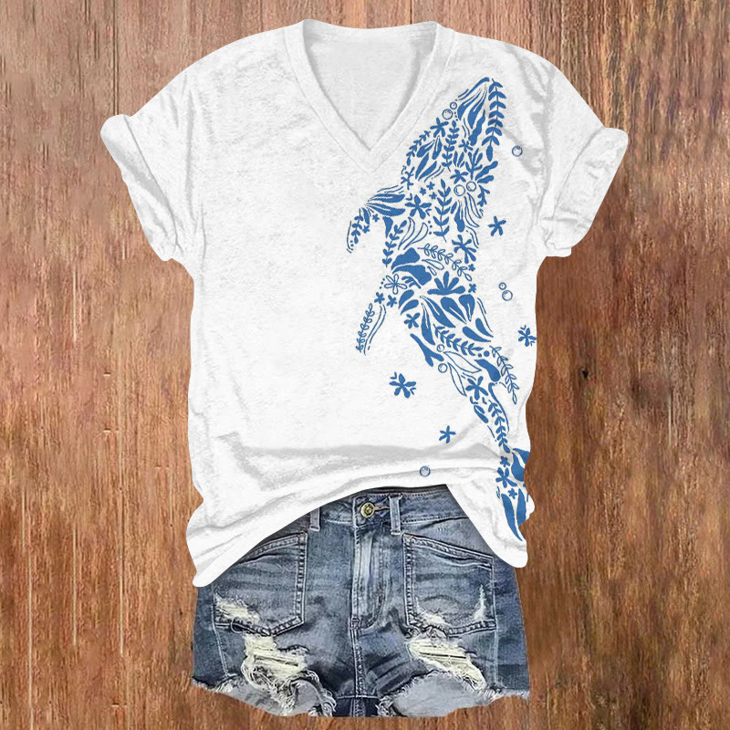 Floral Whale Print V-neck T-shirt - White - US32-34(5XL) - image 1