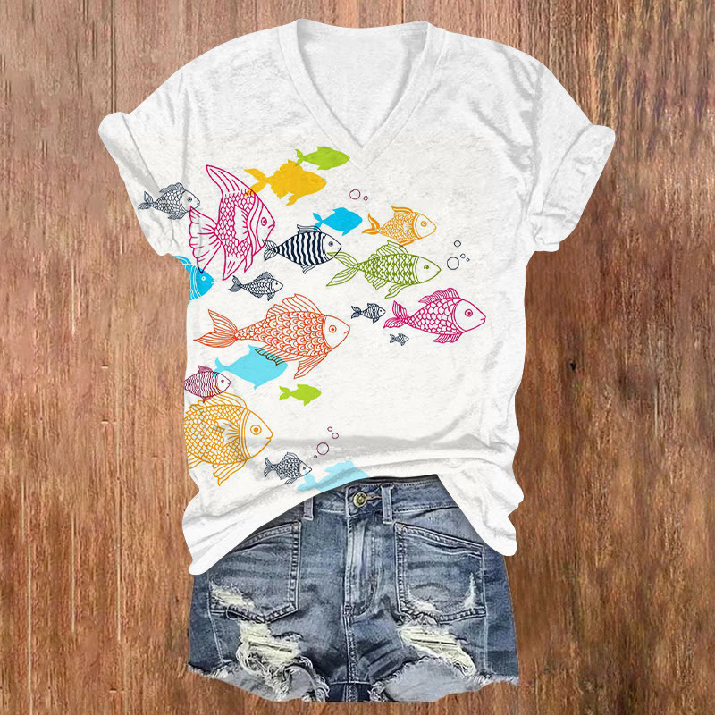 Rainbow Various Fish Print V-neck T-shirt - White - US32-34(5XL) - image 1
