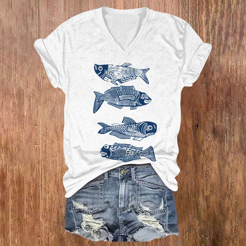 Japanese Rubbing Fish Print V-neck T-shirt - White - US32-34(5XL) - image 1