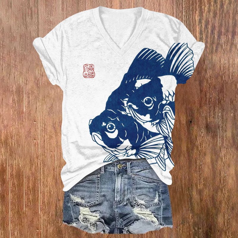 Japanese Rubbing Goldfish Print V-neck T-shirt - Blue - US32-34(5XL) - image 1