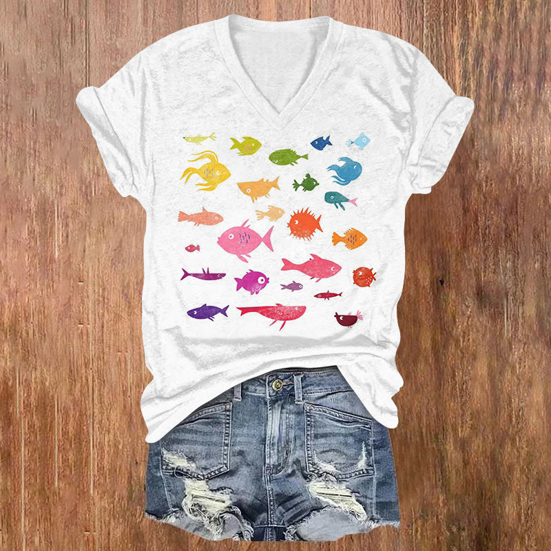 Various Rainbow Fish Print V-neck T-shirt - White - US32-34(5XL) - image 1
