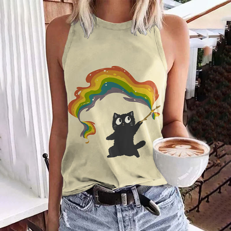 Lovely Black Cat Holding Rainbow Flag Print Crew Neck Tank Top - Beige - 5XL - image 1