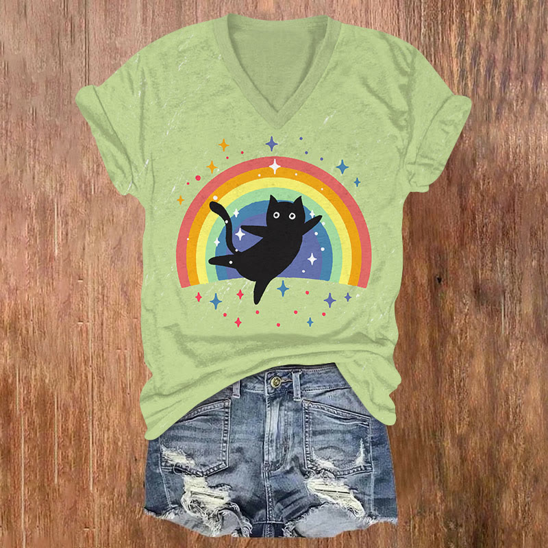 Black Cat Dancing At Rainbow Background Art T-shirt - Green - US32-34(5XL) - image 1