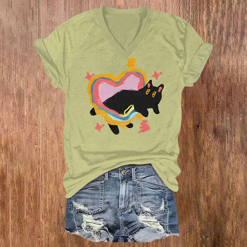 Cute Kitten Jump Through Heart Circle Art T-shirt - Mint - US32-34(5XL) - image 1