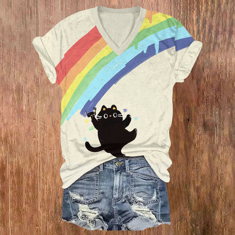 Black Kitten Drawing Rainbow Art T-shirt - White - US32-34(5XL) - image 1