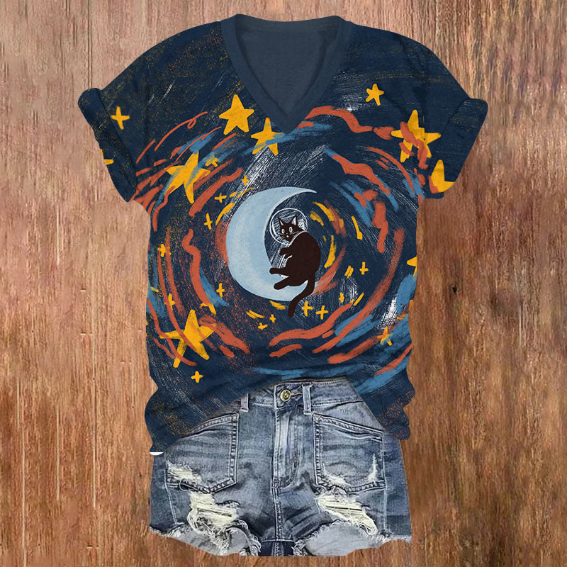 Oil Painting Starry Universe Moon Astronaut Cat Art T-shirt - Dark Blue - US32-34(5XL) - image 1