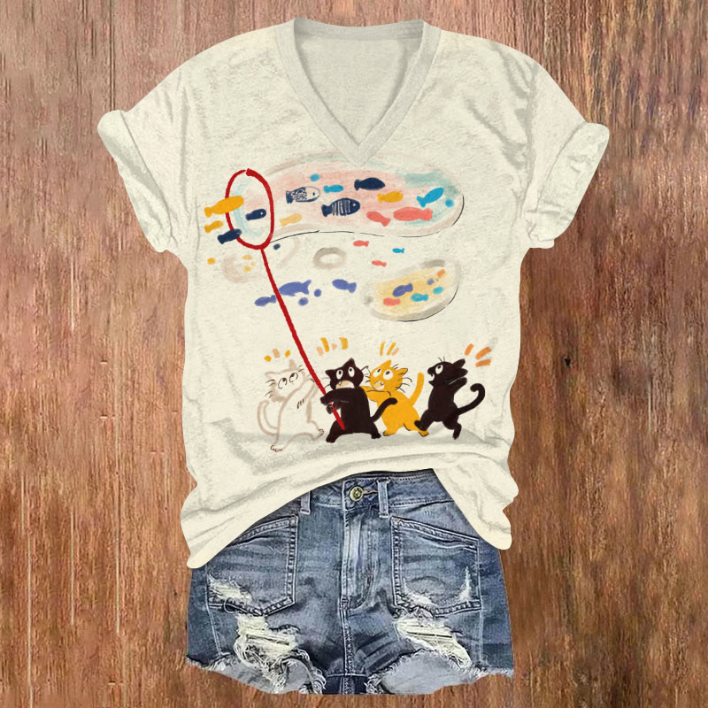 Creative Cat Dreaming Colorful Fish Art T-shirt - image 1