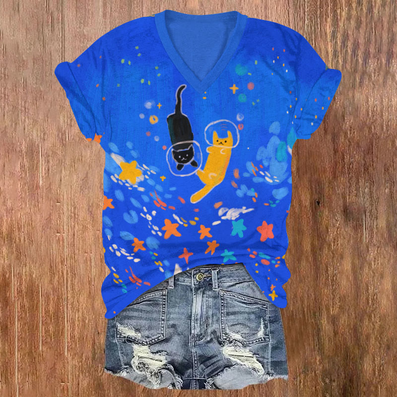 Funny Cat Diving In Underwater World Art T-shirt - Royal Blue - US32-34(5XL) - image 1