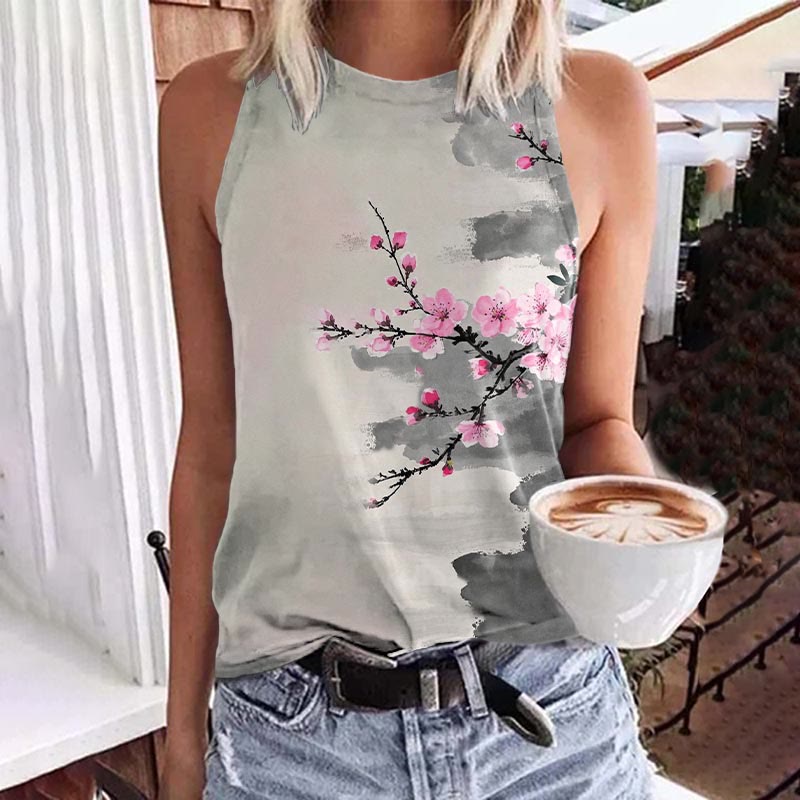 Retro Stunning Peach Blossom Art Print Crew Neck Tank Top - Light Gray - 5XL - image 1