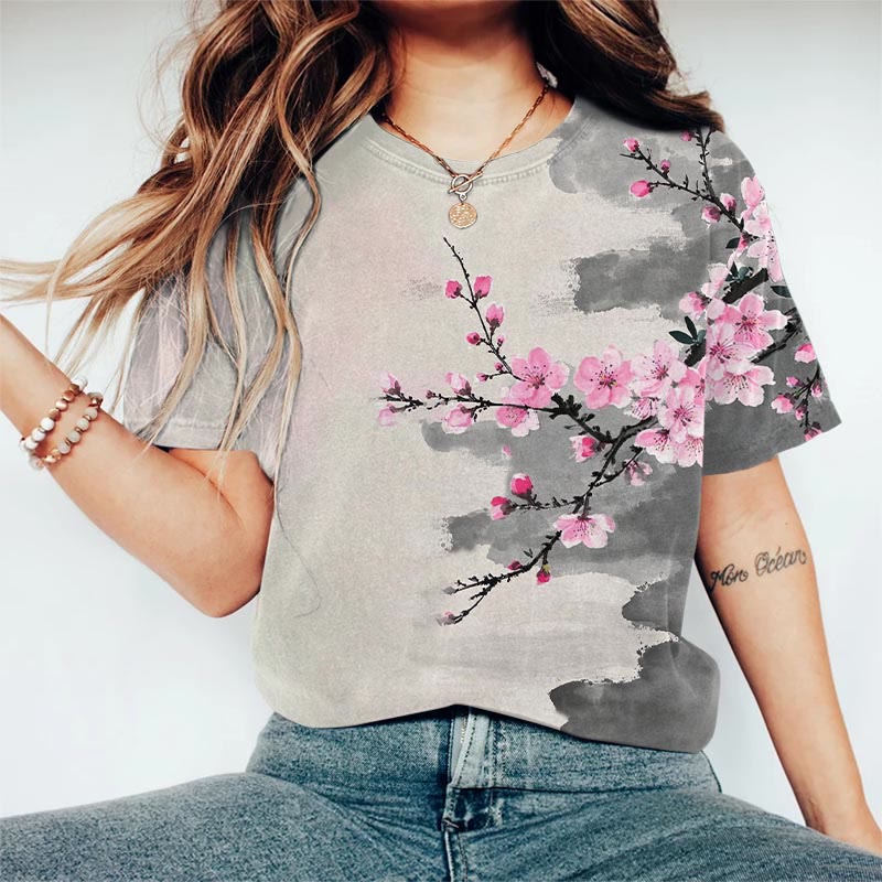 Retro Stunning Peach Blossom Art Print Casaul T-Shirt - Light Gray - US44-46(8XL) - image 1