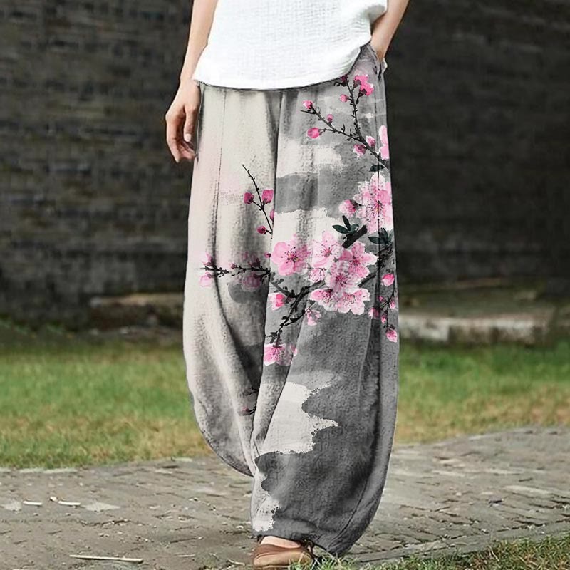 Retro Stunning Peach Blossom Art Print Casual Pants - Light Gray - US18(5XL) - image 1