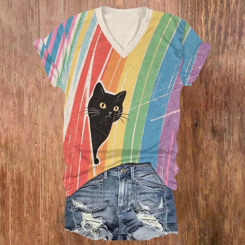 Vintage Rainbow Peeping Black Cat Art Print V-neck T-shirt - Multicolor - 5XL - image 1