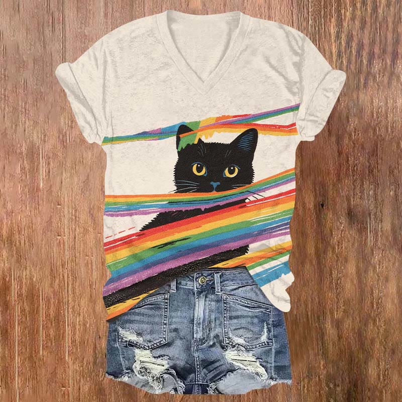 Cute Black Cat Peeping From Rainbow Stripe Art Print V-neck T-shirt - Beige - 5XL - image 1