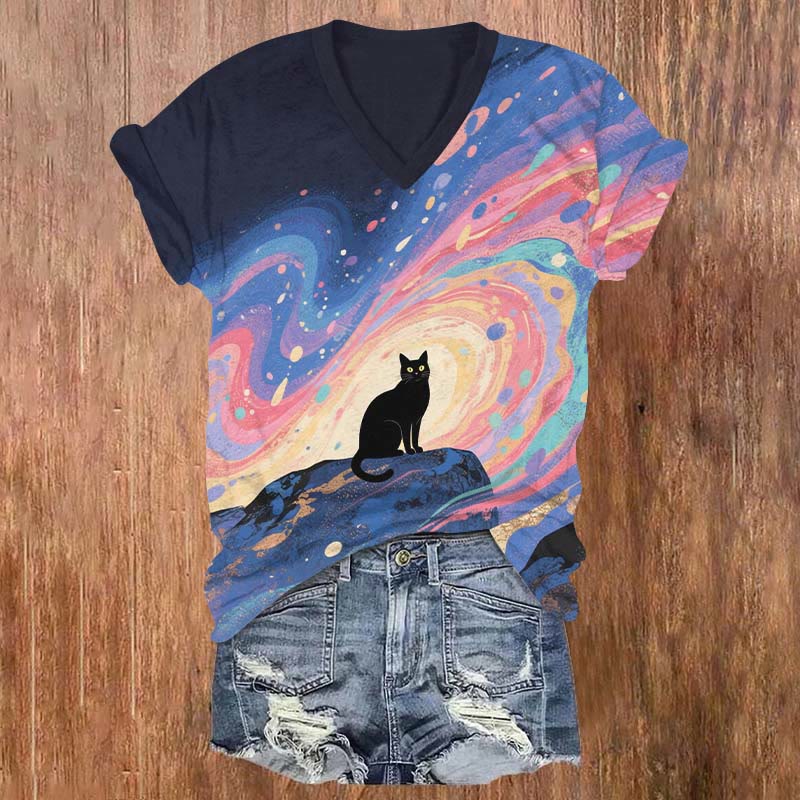 Black Cat & Fantasy Rainbow Sky Art Print V-neck T-shirt - Multicolor - 5XL - image 1
