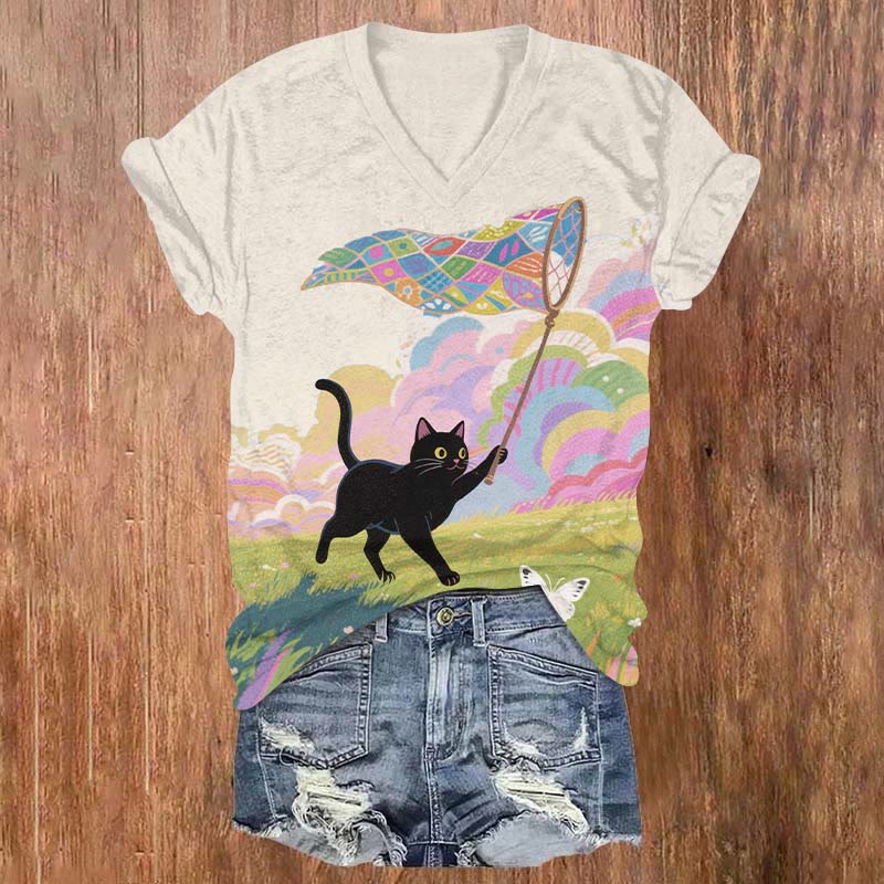 Black Cat With Rainbow Butterfly Catching Net Art Print V-neck T-shirt - Multicolor - 5XL - image 1