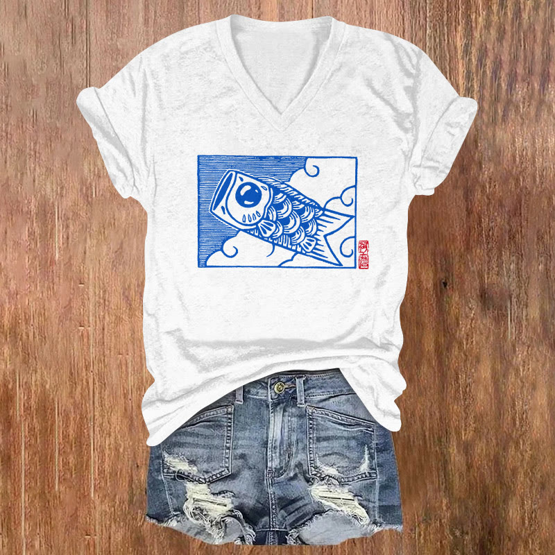 Japanese Cute Sailfish Print V-neck T-shirt - White - US32-34(5XL) - image 1