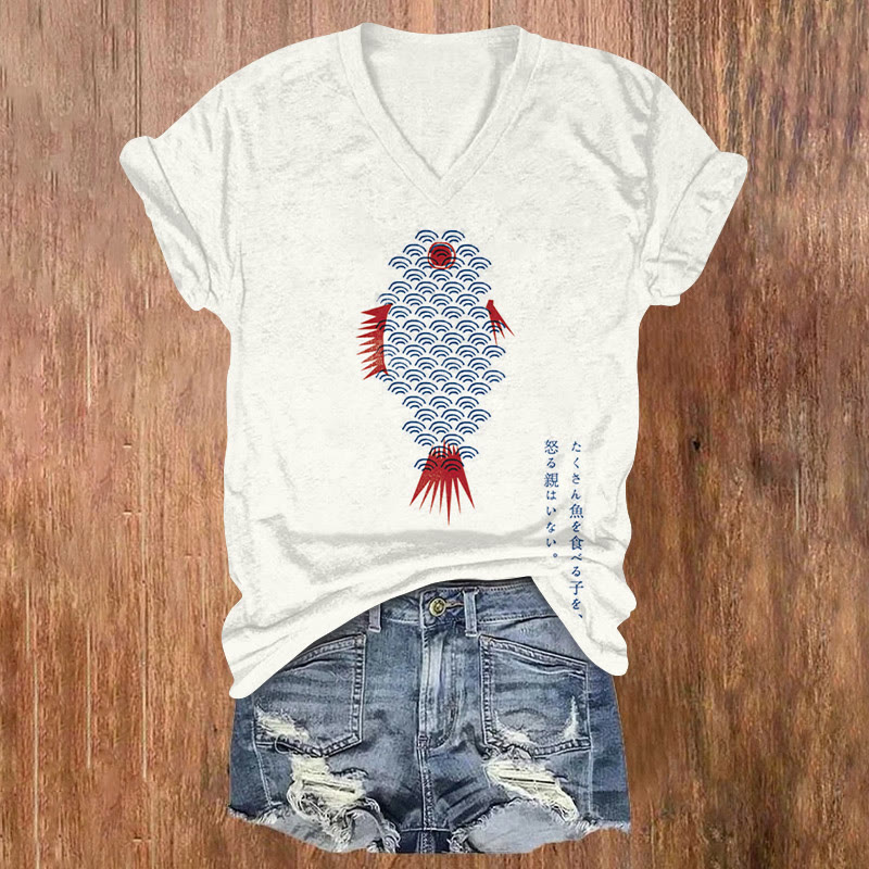 Japanese Creative Wave Fish Print V-neck T-shirt - White - US32-34(5XL) - image 1