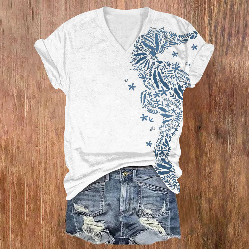 Creative Floral Seahorse Print V-neck T-shirt - White - US32-34(5XL) - image 1