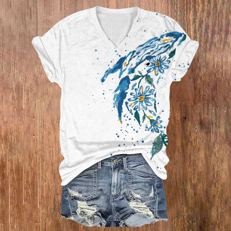 Creative Watercolor Flower Whale Print V-neck T-shirt - White - US32-34(5XL) - image 1