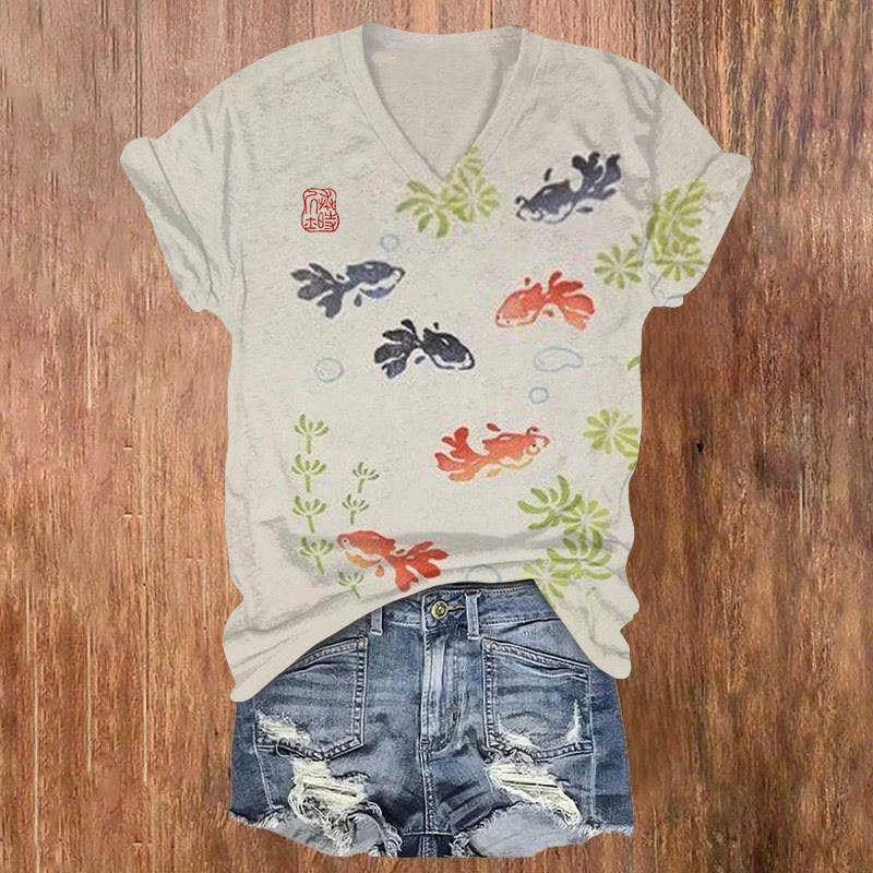 Vintage Water Plant Goldfish Print V-neck T-shirt - Khaki - US32-34(5XL) - image 1