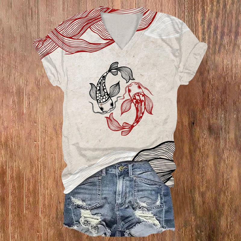 Vintage Yin Yang Koi Print V-neck T-shirt - Khaki - US32-34(5XL) - image 1