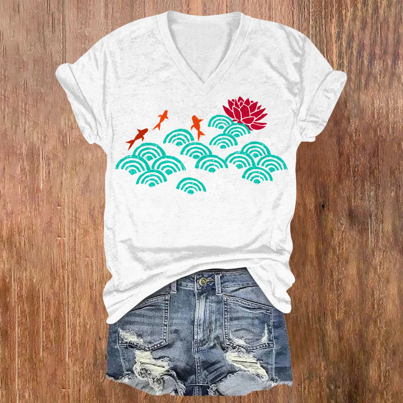 Contrast Color Geometric Wave Goldfish Print V-neck T-shirt - White - US32-34(5XL) - image 1