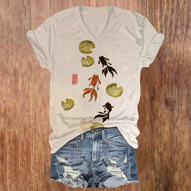 Vintage Lotus Leaf Goldfish Print V-neck T-shirt - Khaki - US32-34(5XL) - image 1