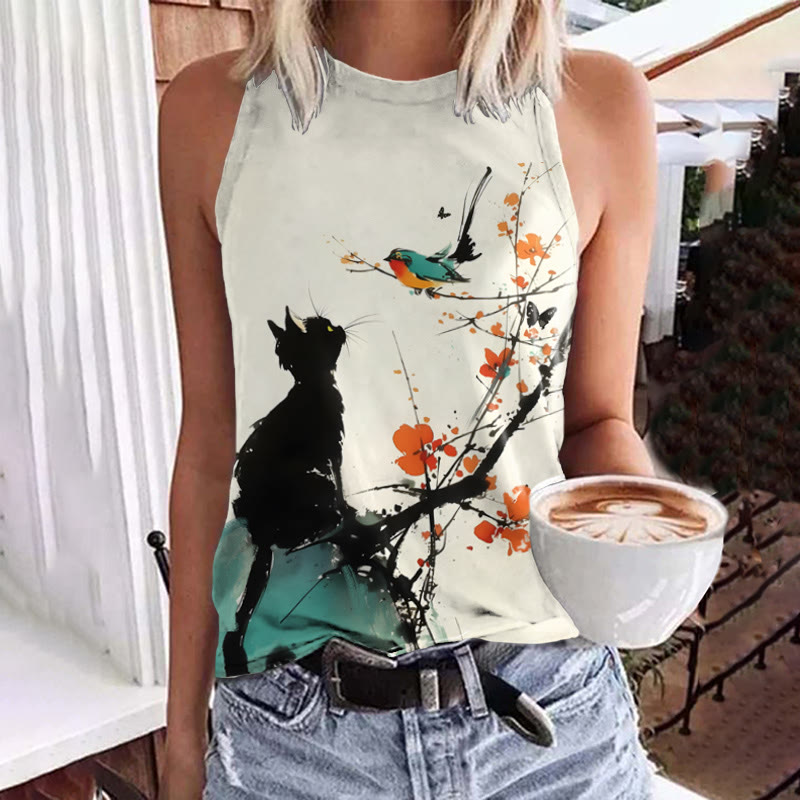  Watercolor Black Cat Watching The Bird Art Print Crew Neck Tank Top - Beige - 5XL - image 1