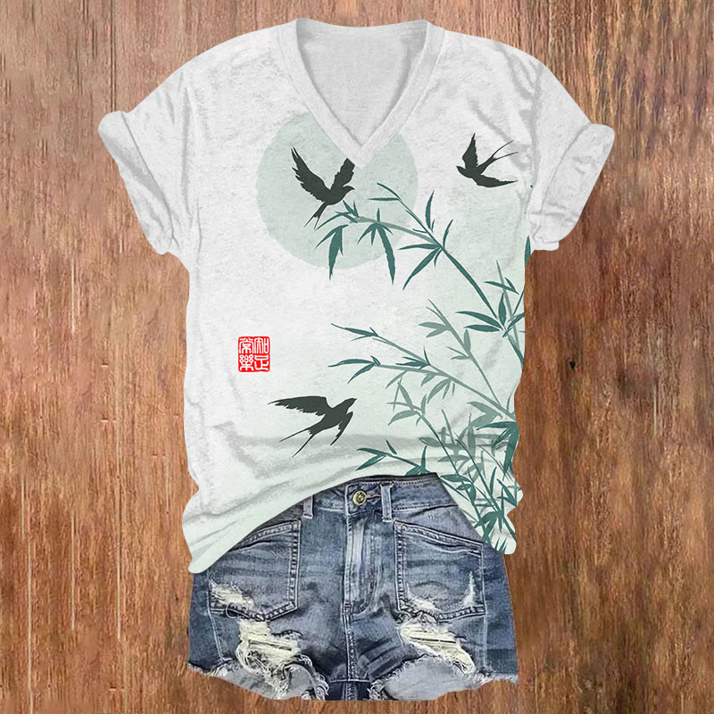 Spring Swallow & Bamboo Art T-shirt - Light Gray - US32-34(5XL) - image 1