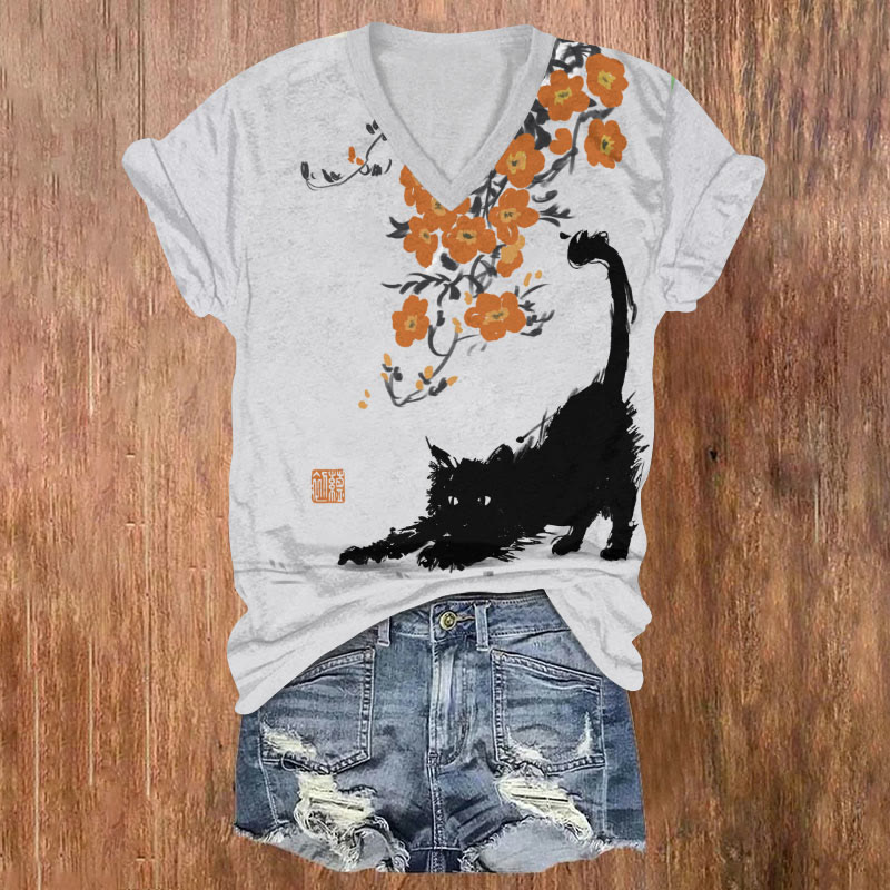 Japanese Scribbled Black Cat & Apricot Flower Art T-shirt - Light Gray - US32-34(5XL) - image 1