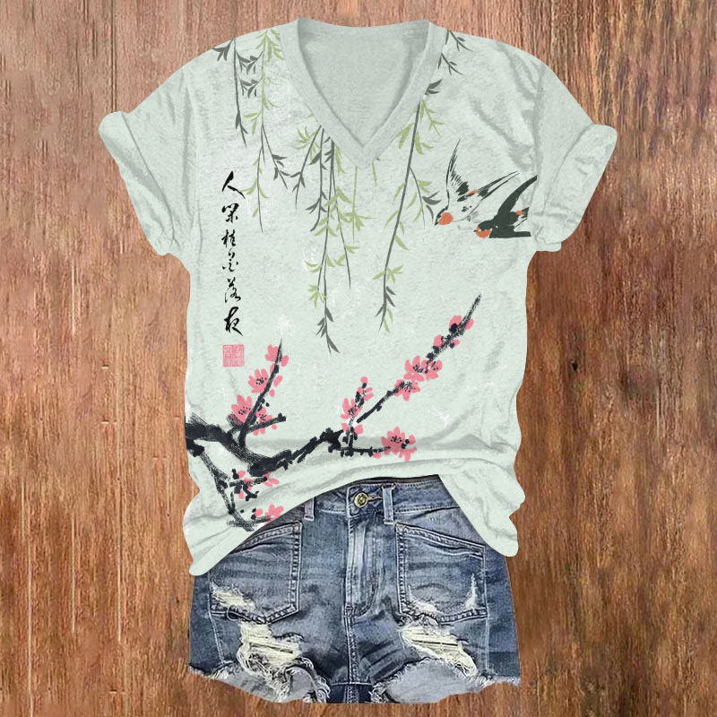 Japanese Spring Peach Tree & Swallow Art T-shirt - Mint - US32-34(5XL) - image 1