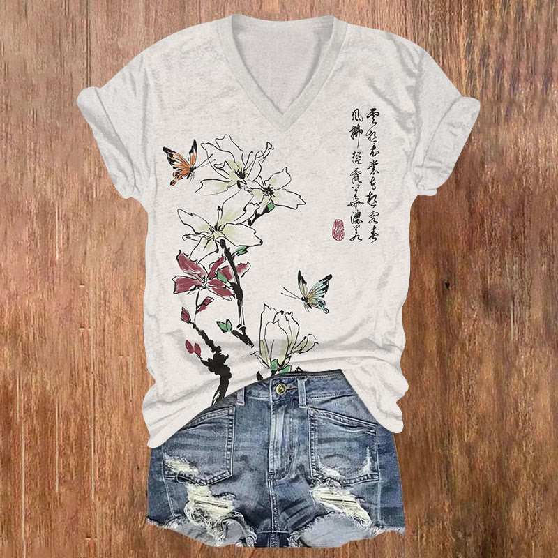 Ancient Poetry Of Floral & Butterfly Art T-shirt - Beige - US32-34(5XL) - image 1