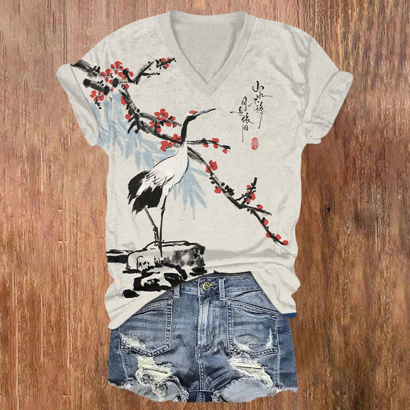 Japanese Watercolor Crane & Floral Art T-shirt - Apricot - US32-34(5XL) - image 1