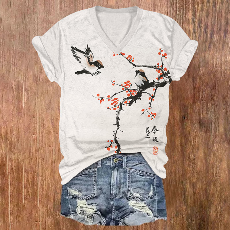 Vintage Spring Blossom & Birds  Art T-shirt - Beige - US32-34(5XL) - image 1
