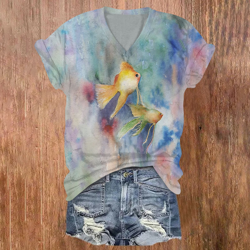 Watercolor Goldfish Print V-neck T-shirt - Multicolor - US32-34(5XL) - image 1