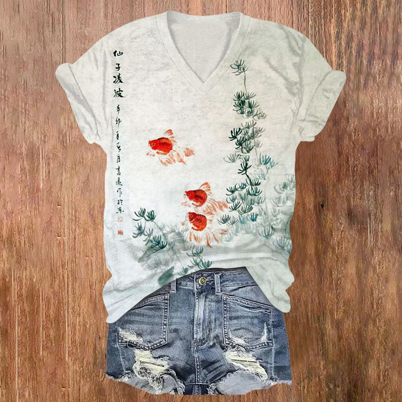 Goldfish Underwater Print V-neck T-shirt - White - US32-34(5XL) - image 1