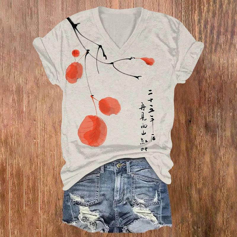 Vintage Red Leaf Print V-neck T-shirt - Light Gray - US32-34(5XL) - image 1