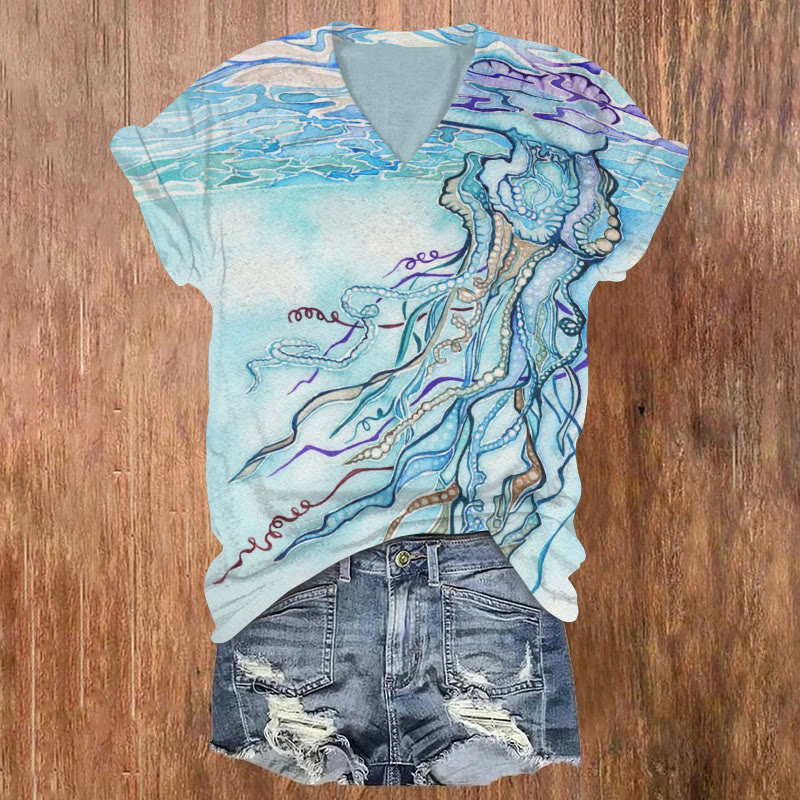 Jellyfish On The Water Surface Print V-neck T-shirt - Blue - US32-34(5XL) - image 1