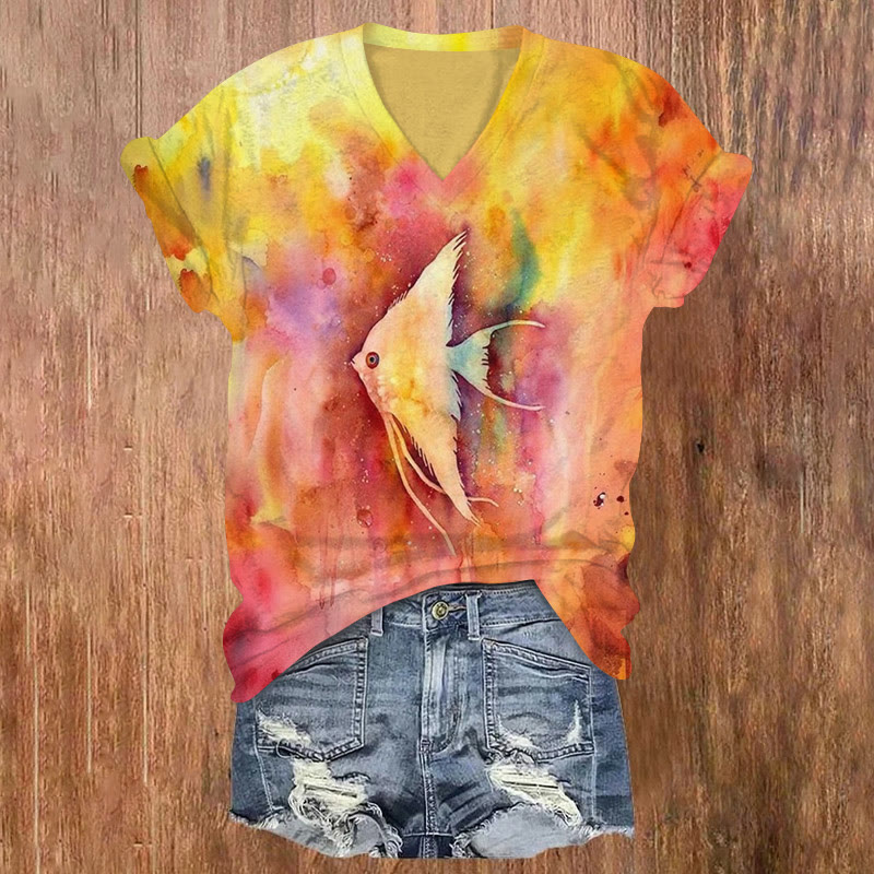 Watercolor Angelfish Print V-neck T-shirt - Red - US32-34(5XL) - image 1