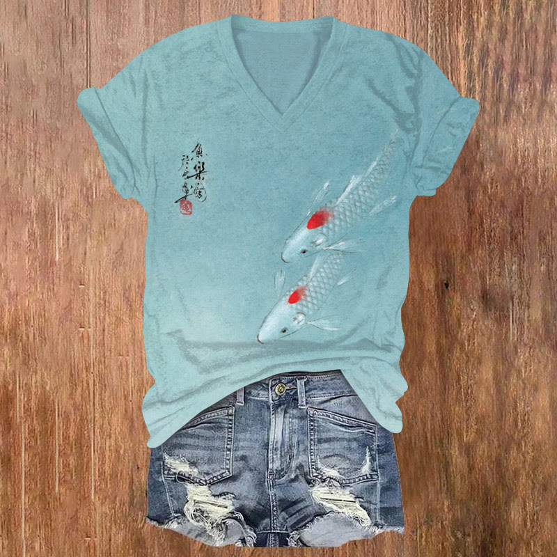 Swimming Koi Watercolor Print V-neck T-shirt - Blue - US32-34(5XL) - image 1