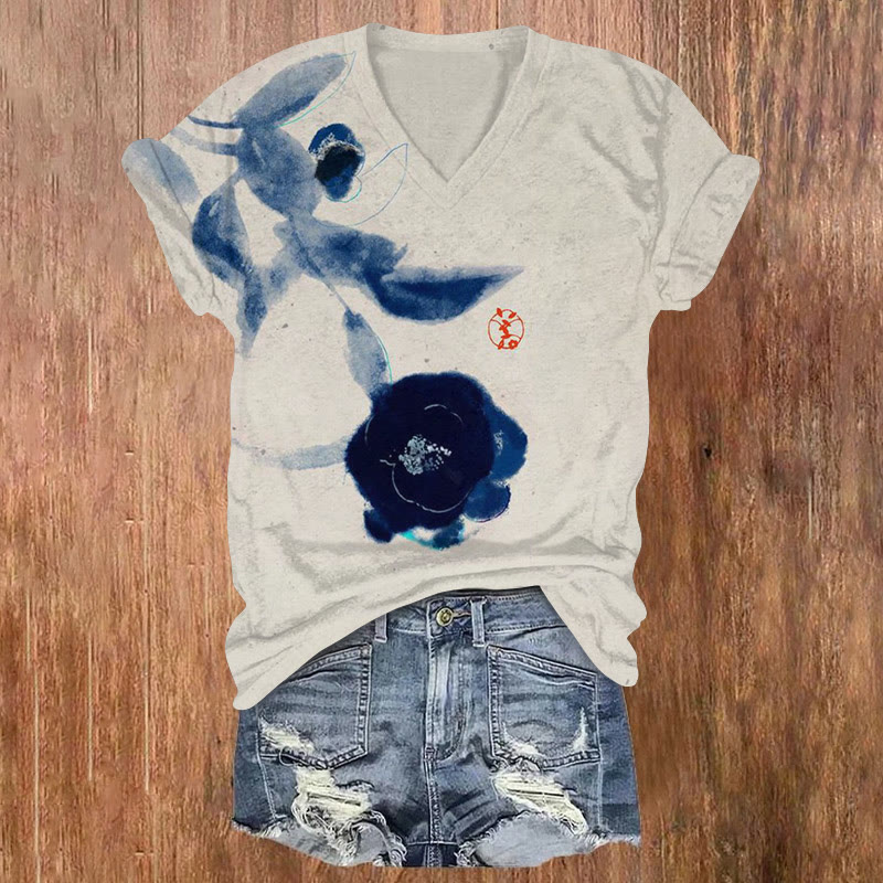 Watercolor Camellia Print V-neck T-shirt - Apricot - US32-34(5XL) - image 1